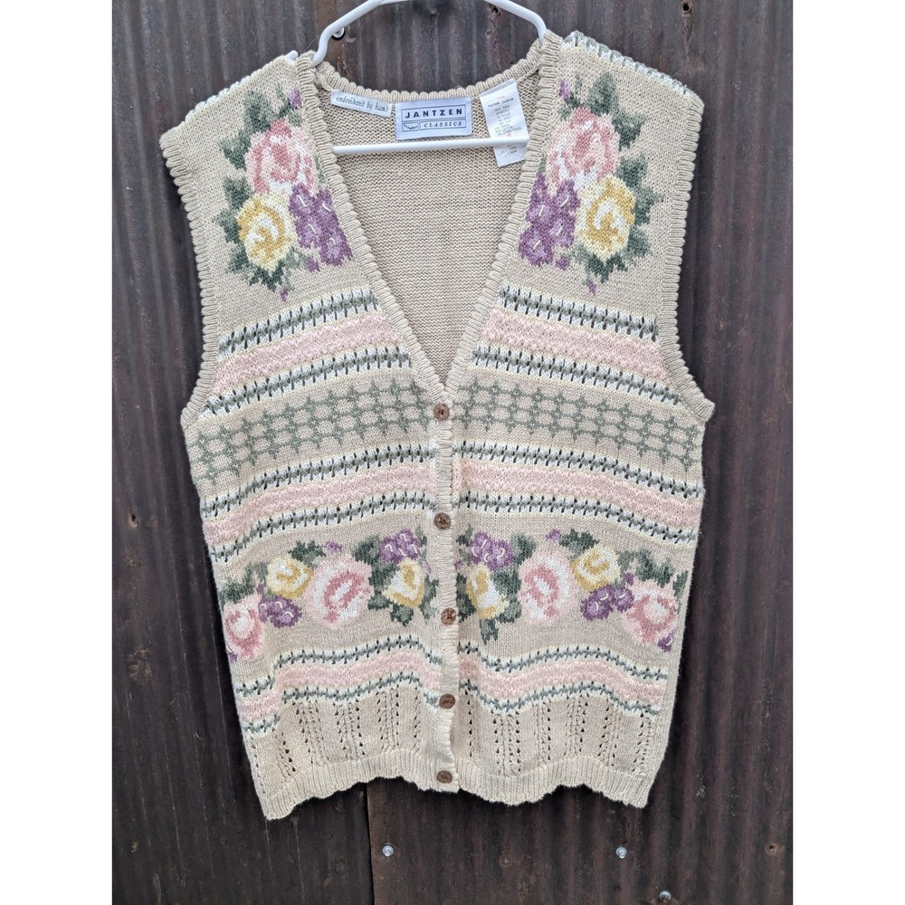 Vintage Jantzen Knit Sweater Vest Medium Floral Cottagecore Embroidered 90s Mom